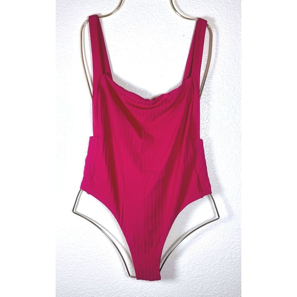 BOND-EYE Australia One Piece Swimsuit L Square Neckline Raspberry Ribbed - Picture 1 of 6